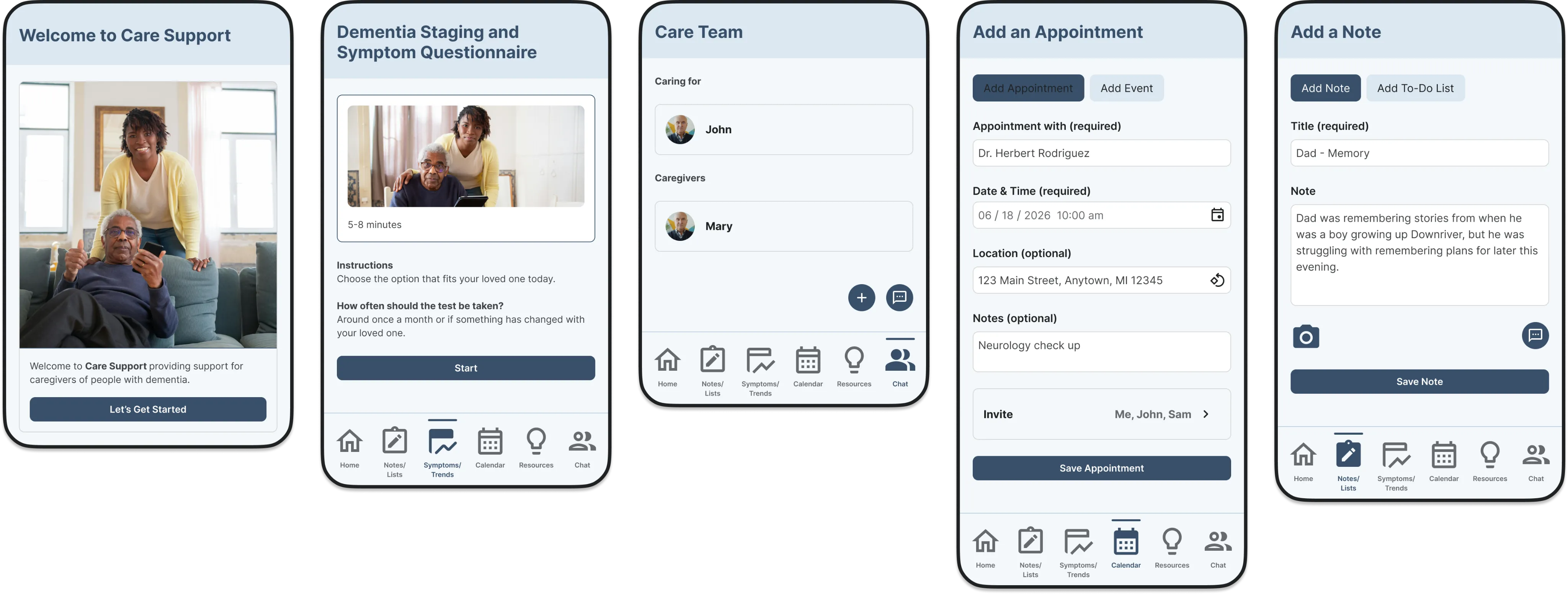 Caregiver Support Application prototype screens