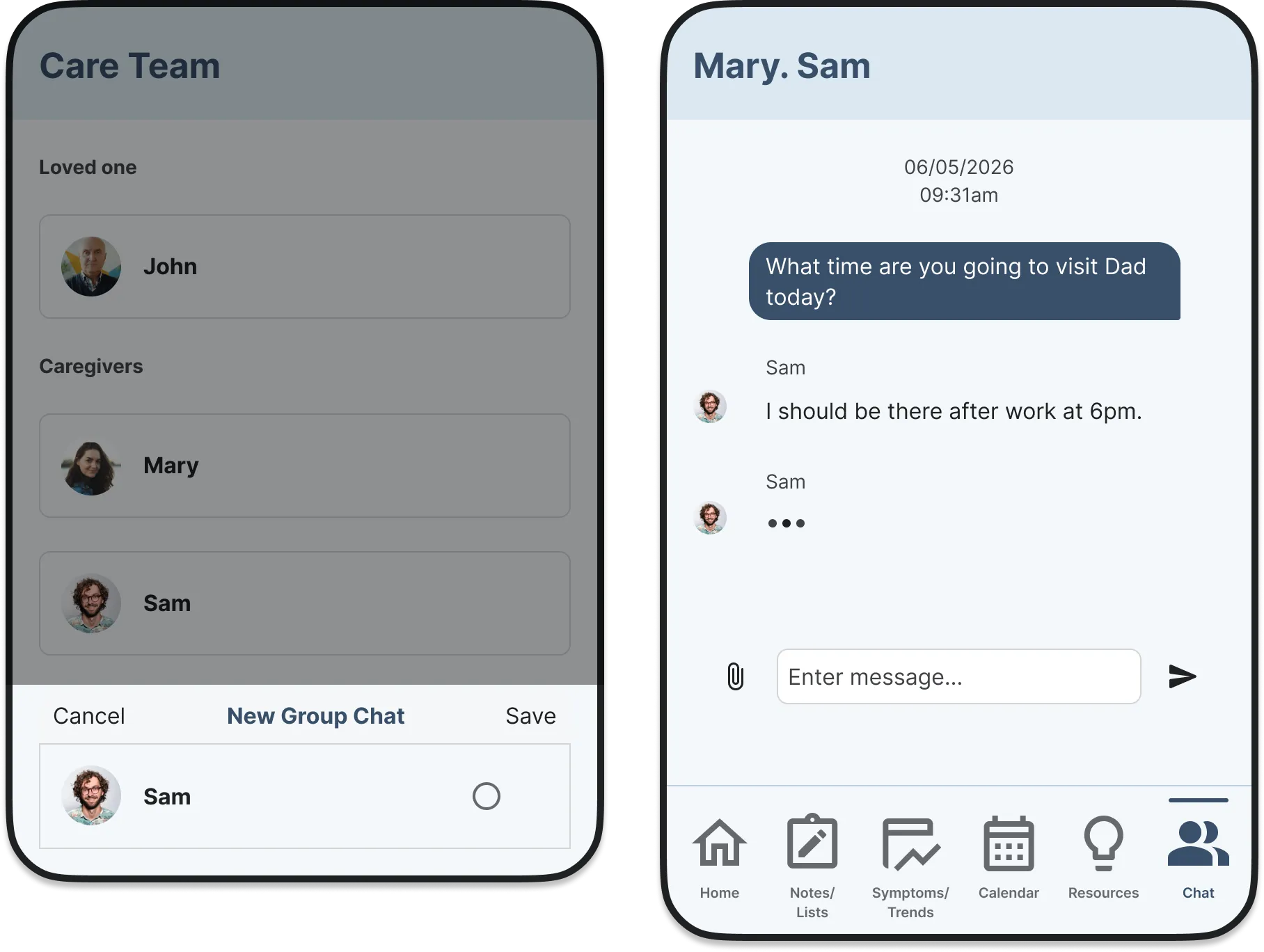 Caregiver Support Application care-team and chat screens