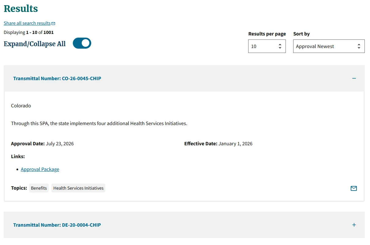 Live Medicaid.gov Advanced Search results showing the production interaction pattern