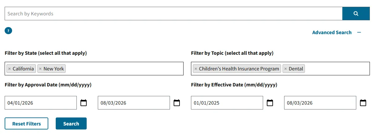 Medicaid.gov Advanced Search with selected state and topic filters, approval and effective date ranges, and search actions