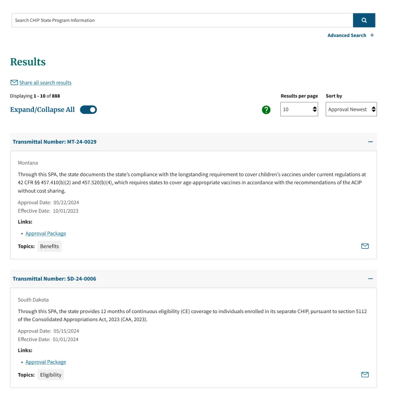 Redesigned Medicaid.gov Advanced Search result card
