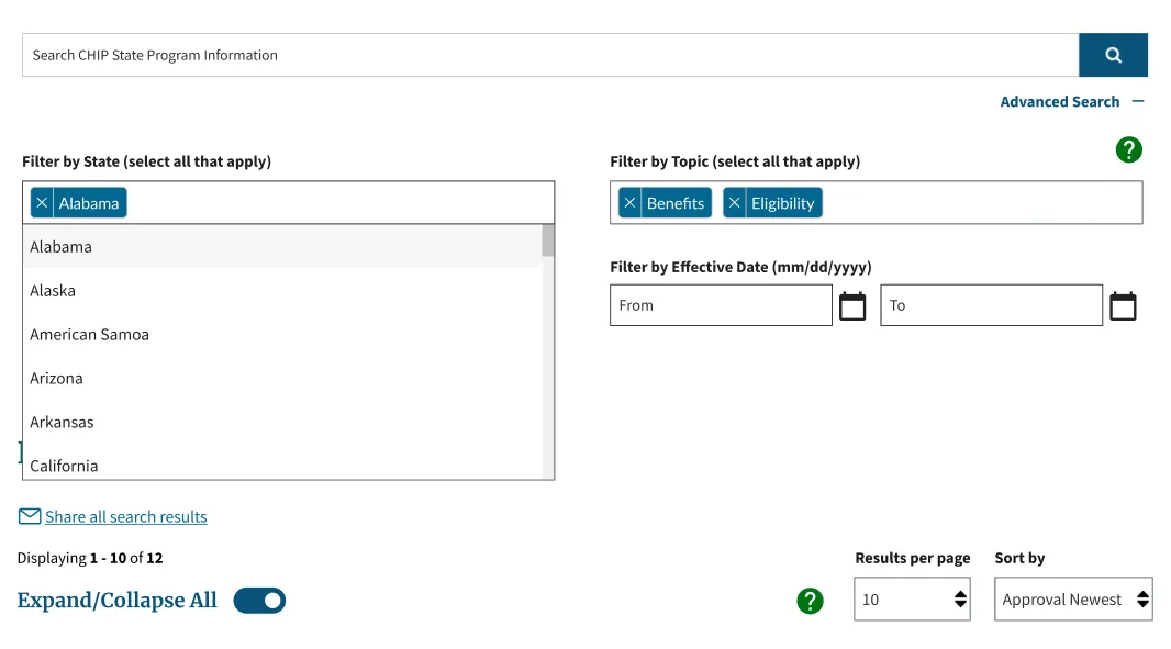 Medicaid.gov Advanced Search workflow for adding selected states