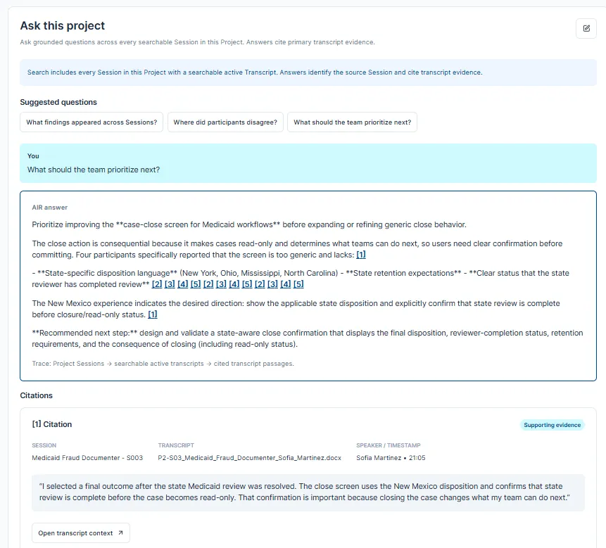 Coded finding with citation and source context