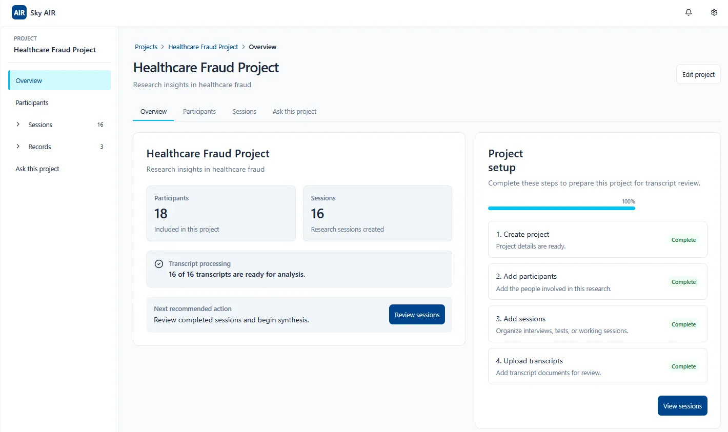 Sky AIR project overview showing participants, research sessions, transcript processing, and project setup